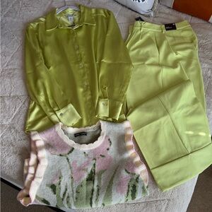 Chartreuse Green Satin Blouse & Pant Set w/Sweater vest- Already styled for you!